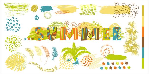belettering zomer voor prints en een set elementen van tropische bladeren - Vector, afbeelding
