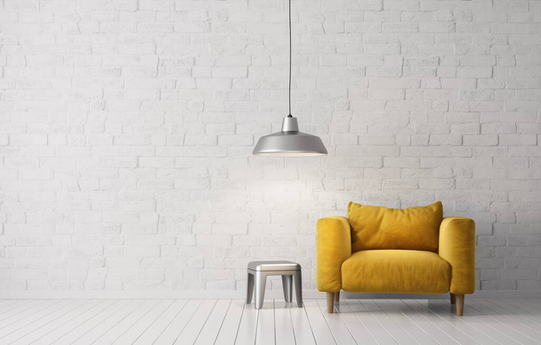 modern living room  with yellow armchair and lamp. scandinavian interior design furniture. 3d render illustration - Foto, Imagem