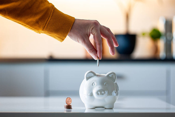 Personal finances, woman putting money into a piggy bank- -wealth and financial concept. White piggy bank in the foreground. - Photo, Image