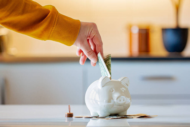 Personal finances, woman putting money into a piggy bank- -wealth and financial concept. White piggy bank in the foreground. - Foto, immagini
