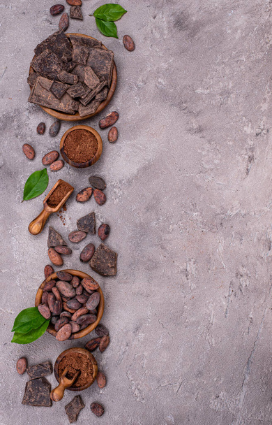 Natural cocoa powder, cocoa beans and chocolate - Fotoğraf, Görsel