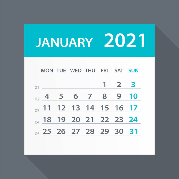 Ιανουάριος 2021 Ημερολόγιο Φύλλο - Εικονογράφηση. Διανυσματική γραφική σελίδα - Διάνυσμα, εικόνα