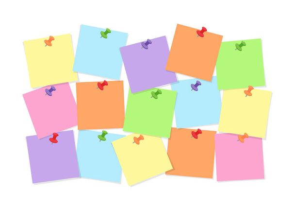 Colorful note paper attached to board with pins for memory notations, messages or tasks. - ベクター画像
