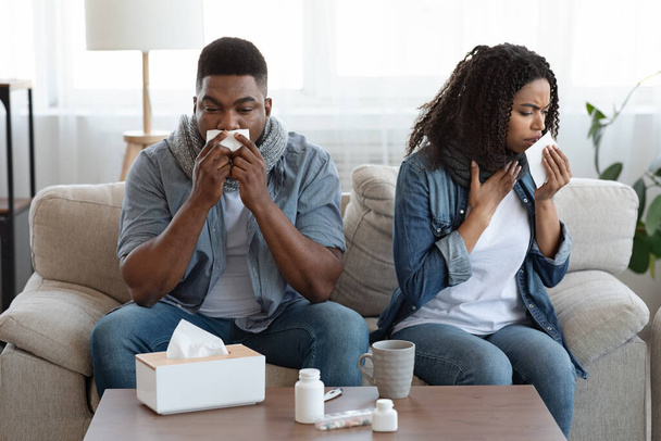Coronavirus Disease. Sick Black Couple Suffering From Covid-19 Infection At Home - Zdjęcie, obraz