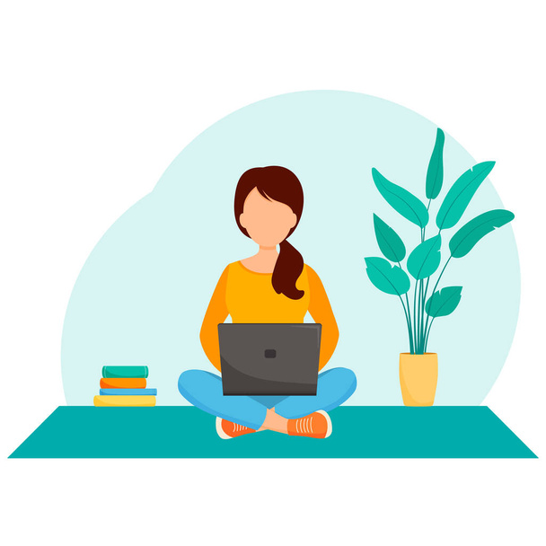 ノートパソコンを持った女性がカーペットの上に腰を下ろしている。フリーランスやオンライン研究の概念. - ベクター画像