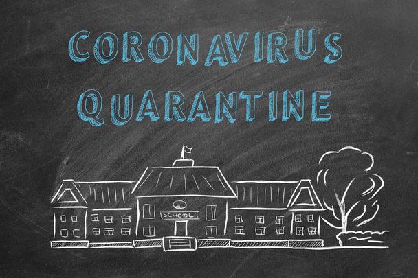 School building  and lettering coronavirus quarantine on blackboard. Hand drawn sketch. Coronavirus concept. - Foto, Imagem