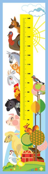 Height meter with pyramid of farm animals heads vector cartoon illustration in flat style. Vector vertical scale measurement with cute animals for children. Great for printed products and souvenirs. - Vector, Image