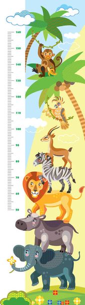 フラットスタイルでアフリカの動物ベクトル漫画イラストのピラミッドと高さメートル。子供のためのかわいい野生動物とベクトル垂直スケール測定。印刷物やお土産に最適. - ベクター画像