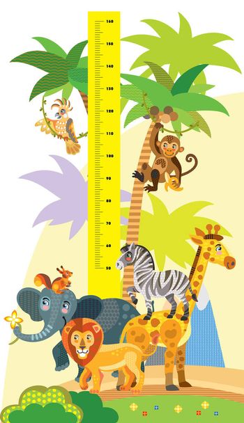 Výškoměr s volně žijícími zvířaty vektorové kreslené ilustrace v plochém stylu. Vektorové vertikální měřítko měření s roztomilými africkými zvířaty pro děti. Skvělé pro potištěné výrobky a suvenýry. - Vektor, obrázek