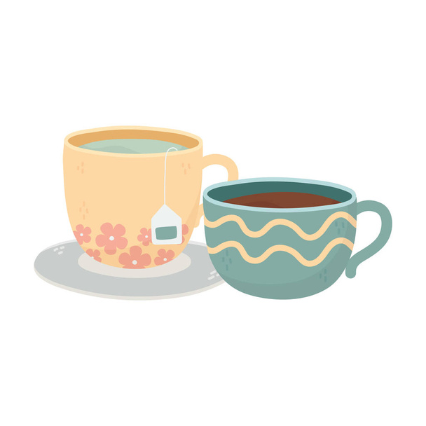 koffietijd, kopjes koffie thee theezakje verse drank - Vector, afbeelding
