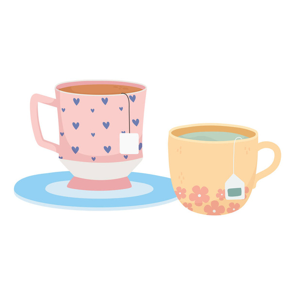 Tea Time, Tassen mit Teebeuteln Getränke Kräuterdesign - Vektor, Bild