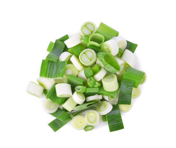 Chopped green japanese bunching onion isolated on white background. Top view - Photo, Image