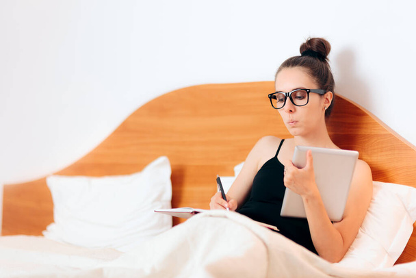 Stressed Woman Holding Pc Tablet and Notebook Working Remotely  - Photo, image