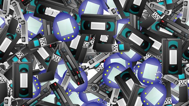 Seamless pattern of retro old hipster electronic devices technology computers cassettes tape recorders mobile phones from the 70s, 80s, 90s, 2000s, background - Vector, Image