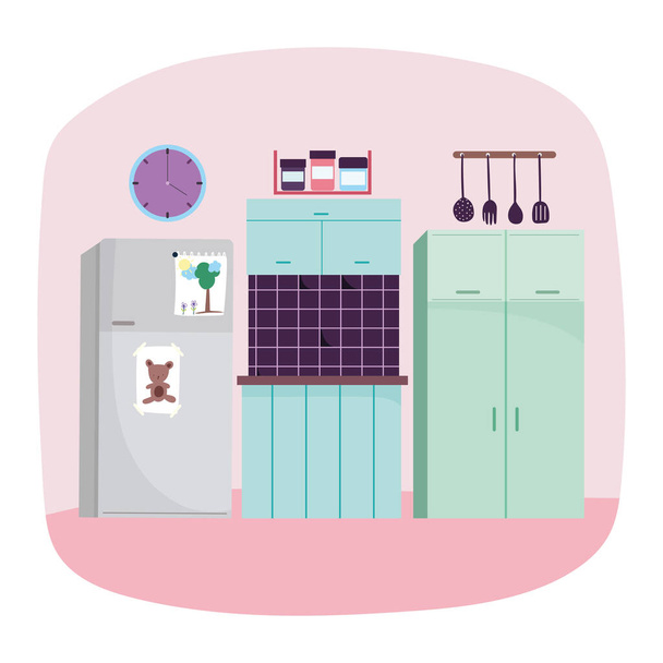 cucina frigorifero interno utensili piastrella orologio e cibo orologio design
 - Vettoriali, immagini