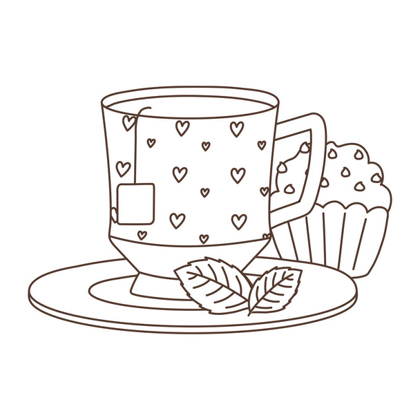tea idő, csésze és édes cupcake étel menta levelek design lineáris tervezés - Vektor, kép