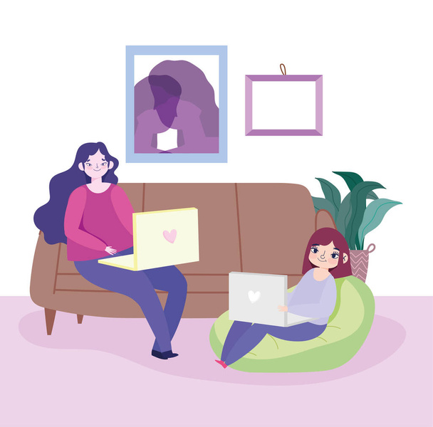 リモートでリビングルームのソファにノートパソコンを持つ若い女性が - ベクター画像