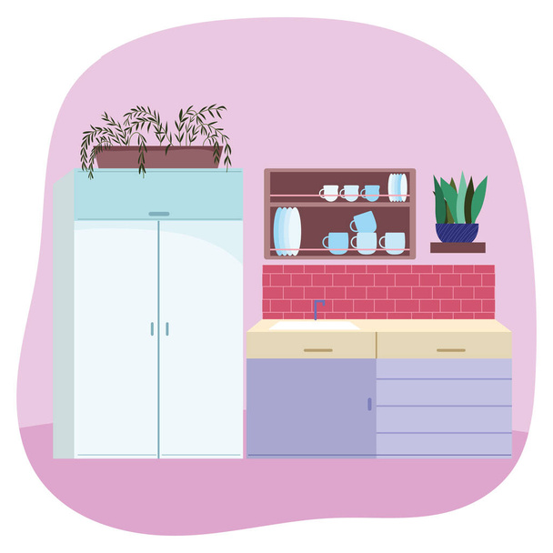 キッチンインテリアシンク家具引き出し食器や鉢植えのデザイン - ベクター画像