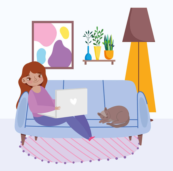 werken op afstand, jonge vrouw zitten op de bank met laptop en kat - Vector, afbeelding