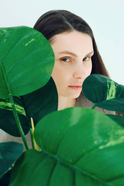 Portrait of a Beautiful young woman with natural makeup holds a big green leaf - Foto, afbeelding