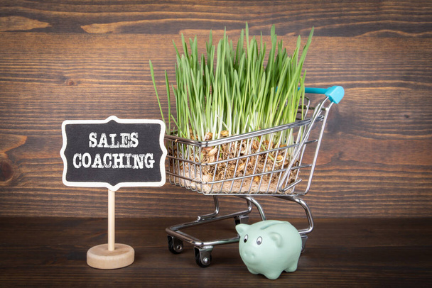 Az eladások edzői koncepció. Bevásárlókocsik és zöld tavaszi fű - Fotó, kép
