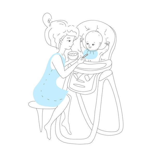 Mom feeds baby from spoon with complementary food, which she holds in her hand in a plate, illustration is made in line art style, in gray with blue elements.Vector illustration - Vektor, obrázek