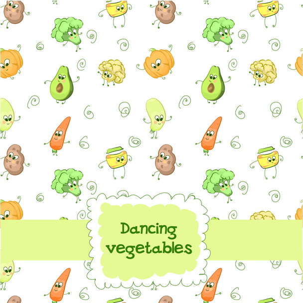 赤ちゃんキャラクターが野菜を踊る背景、白を基調とした漫画風のカラーフィリングでアウトライン。ベクターイラスト - ベクター画像