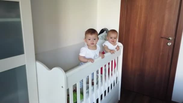Zwei brüderliche Zwillingsschwestern haben ihren Spaß in der Krippe. Zwei Babys im Kinderbett. - Filmmaterial, Video