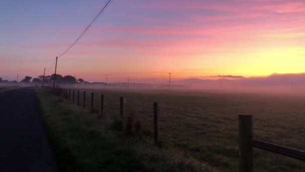 İrlanda 'da güneşin doğuşu ve sisli bir tarlanın görüntüsü - Video, Çekim