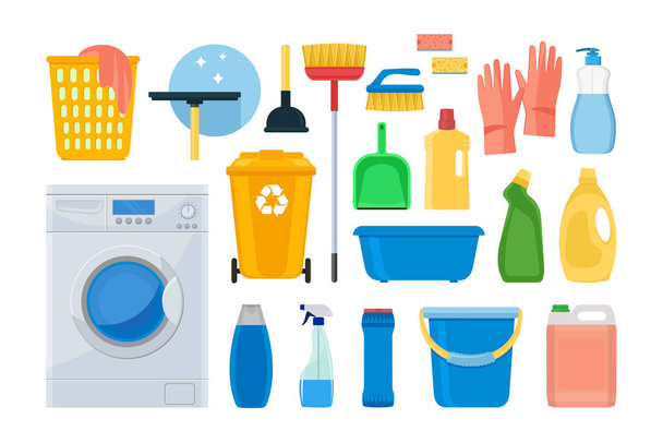 Temizlik. İkonlar. Çamaşır makinesi, deterjanlar ve evi temizlemek için temizlik malzemeleri. Beyaz arkaplanda izole edilmiş vektör illüstrasyonu - Vektör, Görsel