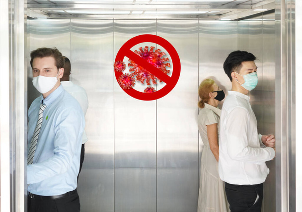 Social distancing in elevators coronavirus outbreak people stay in their zone not face each other. six mini zones, covid 19 protect - Zdjęcie, obraz