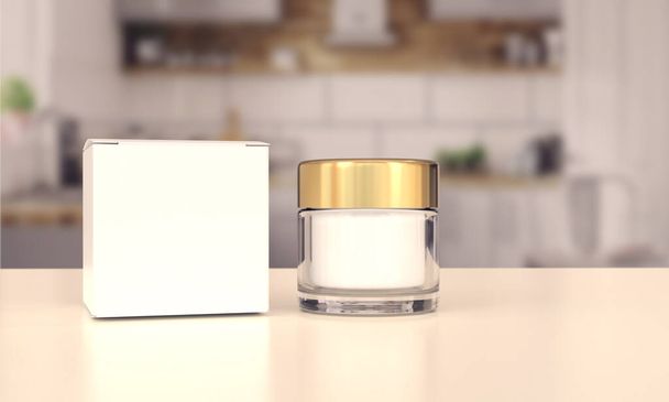 Face cream pot, glass container on the table. Realistic packaging mockup template with golden cap and white box. Isolated on white. - Photo, Image