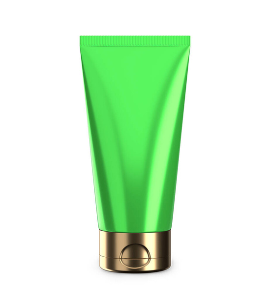 Grüne Creme oder Lotion Tube isoliert auf weiß. Kunststoff-Blanko-Attrappe für Gel, Lotion.cosmetics usw. Golddeckel. - Foto, Bild