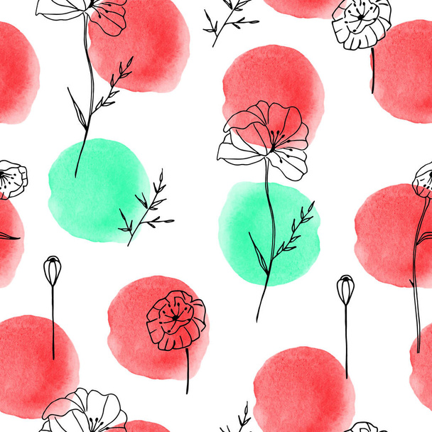 Floral seamless pattern drawn with watercolor. Wild poppy flowers print for textile, fabric, wrapping, wallpaper - Valokuva, kuva