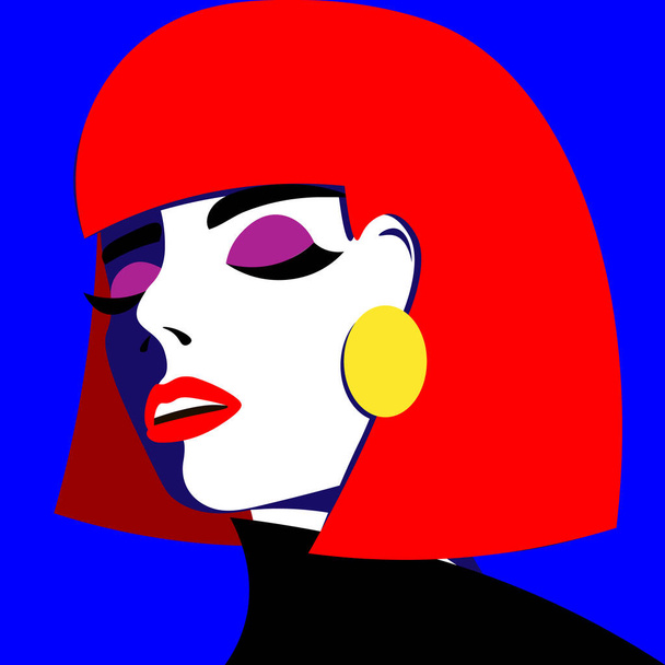 Young woman model in profile in pop art style. Sexy girl for advertising with bright hair. - Vector, Imagen