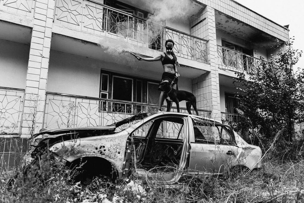 Post apocalypse. A girl is standing in a car and holding a dog on a leash. - Foto, immagini