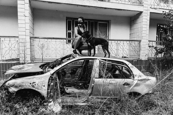 Post apocalypse. A girl is standing in a car and holding a dog on a leash. - 写真・画像