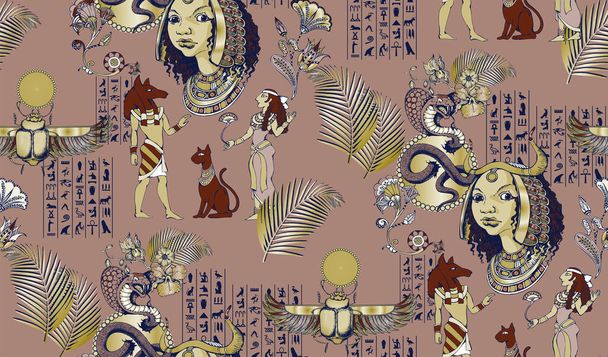Seamless pattern with ancient egyptian motifs. Vector illustration. Suitable for fabric, mural, wrapping paper and the like - Vector, Image