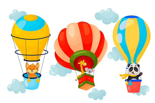 Conjunto vectorial de animales de dibujos animados volando en globos aéreos. Lindo diseño de personajes de globos en las nubes. Ilustración vectorial sobre fondo blanco aislado
. - Vector, Imagen