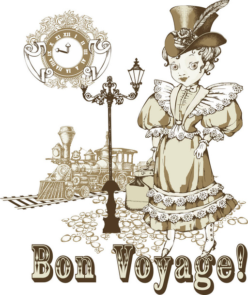 Χαριτωμένο κορίτσι ντυμένο με στυλ 1890. Εικονογράφηση διανύσματος. Καλό σχέδιο για χαιρετισμούς, κάρτες, t-shirt κορίτσι και τα παρόμοια. - Διάνυσμα, εικόνα