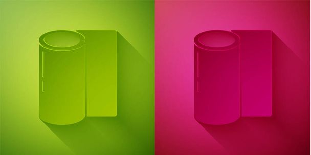 Paper cut Fitness mat roll icon isolated on green and pink background. Yoga mat rolled. Sport equipment. Paper art style. Vector Illustration - Vector, Image