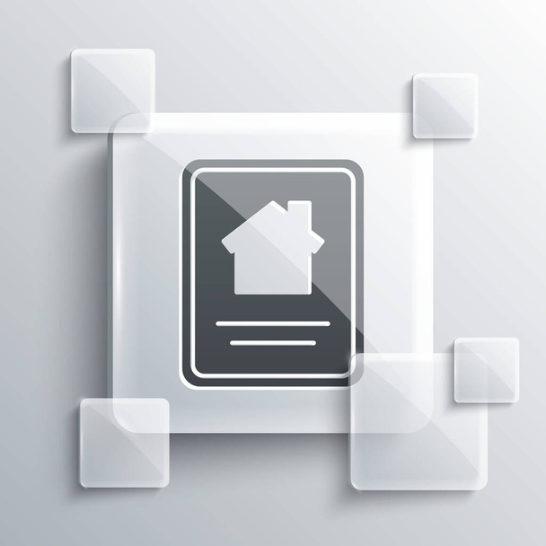 Grey Online real estate house on tablet εικονίδιο απομονώνονται σε γκρι φόντο. Αρχική ιδέα δανείου, ενοικίαση, αγορά, αγορά ακινήτου. Τετράγωνα γυάλινα πάνελ. Εικονογράφηση διανύσματος - Διάνυσμα, εικόνα