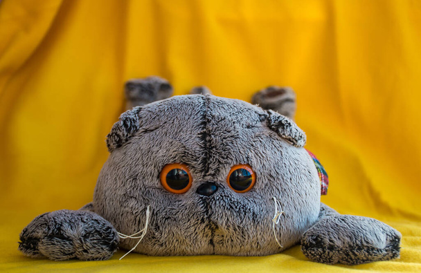 Мягкая игрушка серая кошка с большими глазами
 - Фото, изображение
