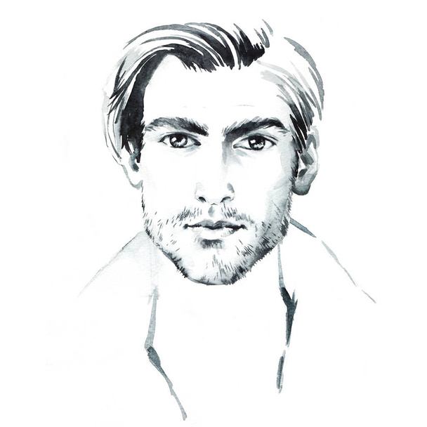 Young beautiful man, hand painted watercolor fashion illustration.  - Фото, изображение