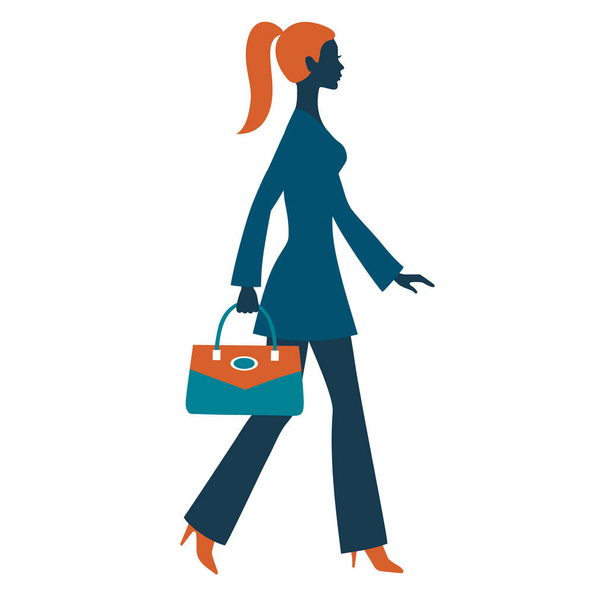 Silhouette of young women with bag, vector illustration for design: banner, card, logotype, flyer. - Vettoriali, immagini