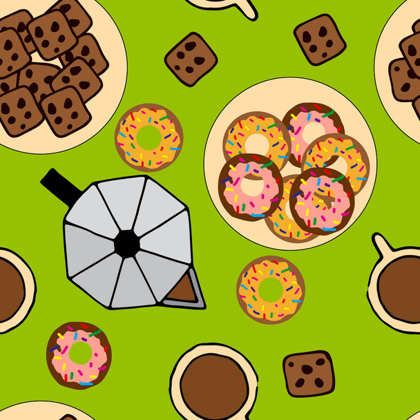 Seamless pattern with cookies and coffee, ornament for wallpaper and fabrics, wrapping paper, background for different designs, scrapbooking - Vector, Image