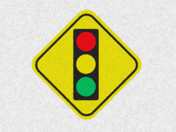 Značka nebo symbol semaforu izolované na bílém pozadí. Varovný signál pro varování v dopravě, RED YELLOW GREEN světlo na žlutém diamantovém štítku design ilustrace s kožešinovým stylem. - Fotografie, Obrázek
