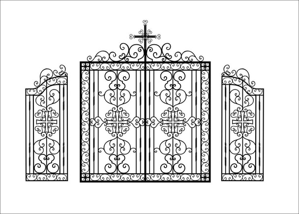 Puertas de hierro forjado para un templo o iglesia. Patrón de religión cristiana. La cerca está hecha de metal. Arte de forja en caliente. Ilustración vectorial
. - Vector, Imagen