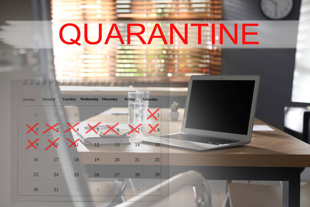 Workplace with laptop at home and calendar. Quarantine during coronavirus outbreak - 写真・画像
