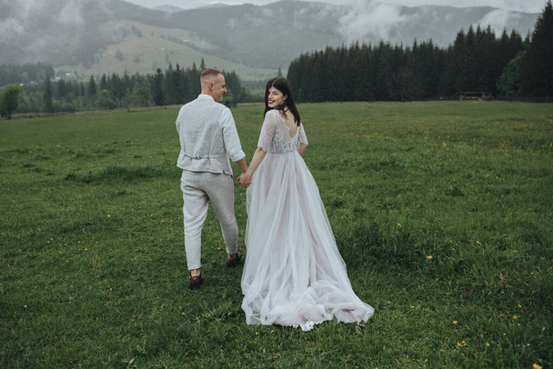 Spring wedding in the mountains. A guy in a shirt and vest and a girl in a white dress walk along a wooden fence along a green meadow against the backdrop of mountains and forests - Photo, Image